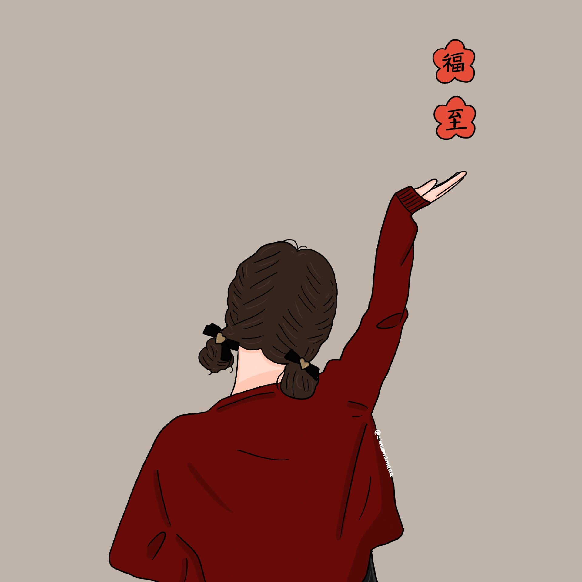 插画头像新年福至女生背影插画头像