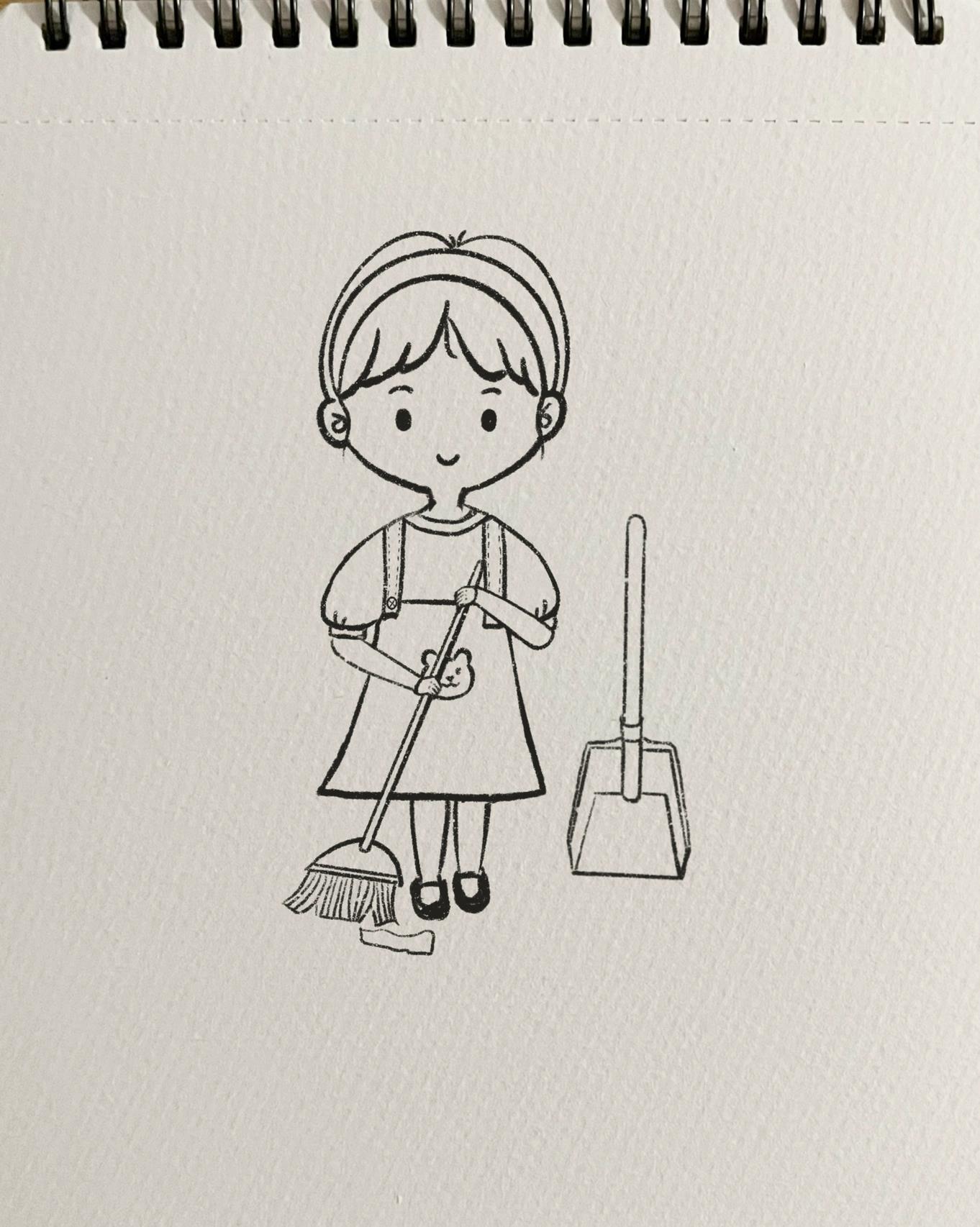 92可爱小女孩扫地简笔画|原创