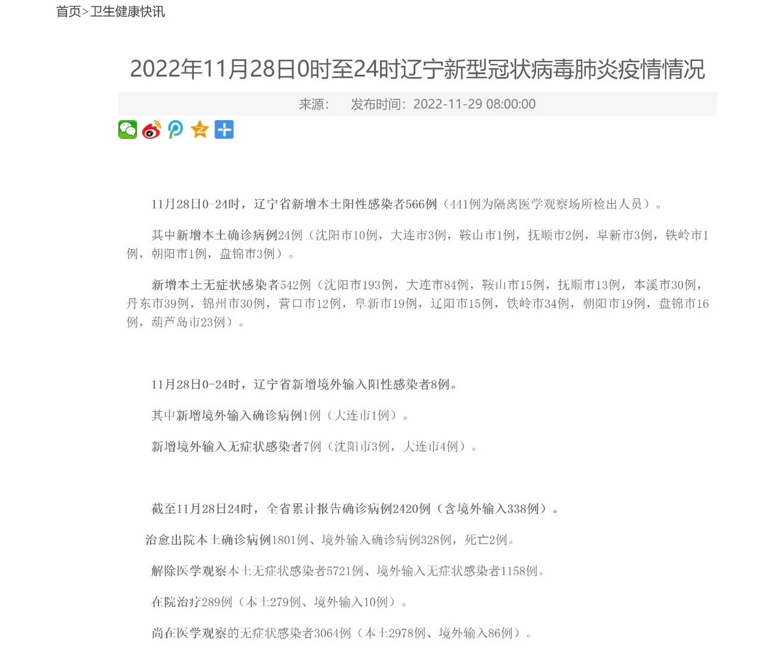 沈阳疫情#  11月28日0-24时,辽宁省新增本土阳性感染者566例(441例为