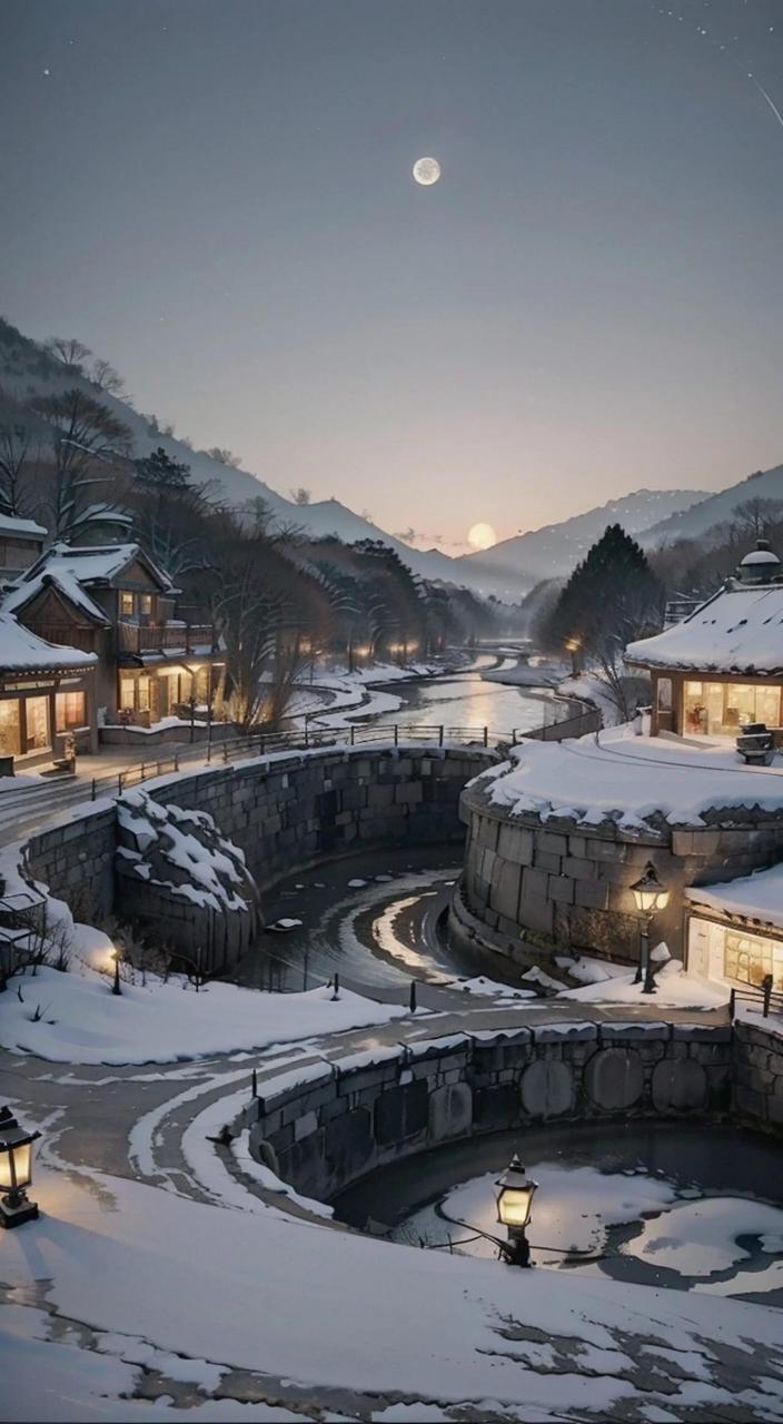 月色下的雪景,屋顶上的雪美得令人惊叹!