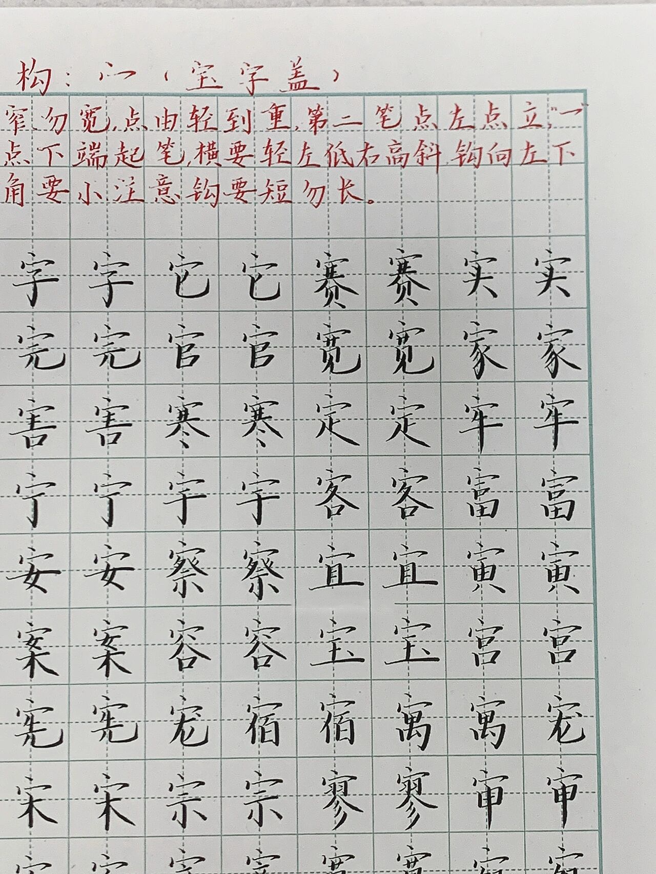 硬笔书法|宝字盖详解及例字汇总 宝字盖:在字的最上方,整体短勿写宽
