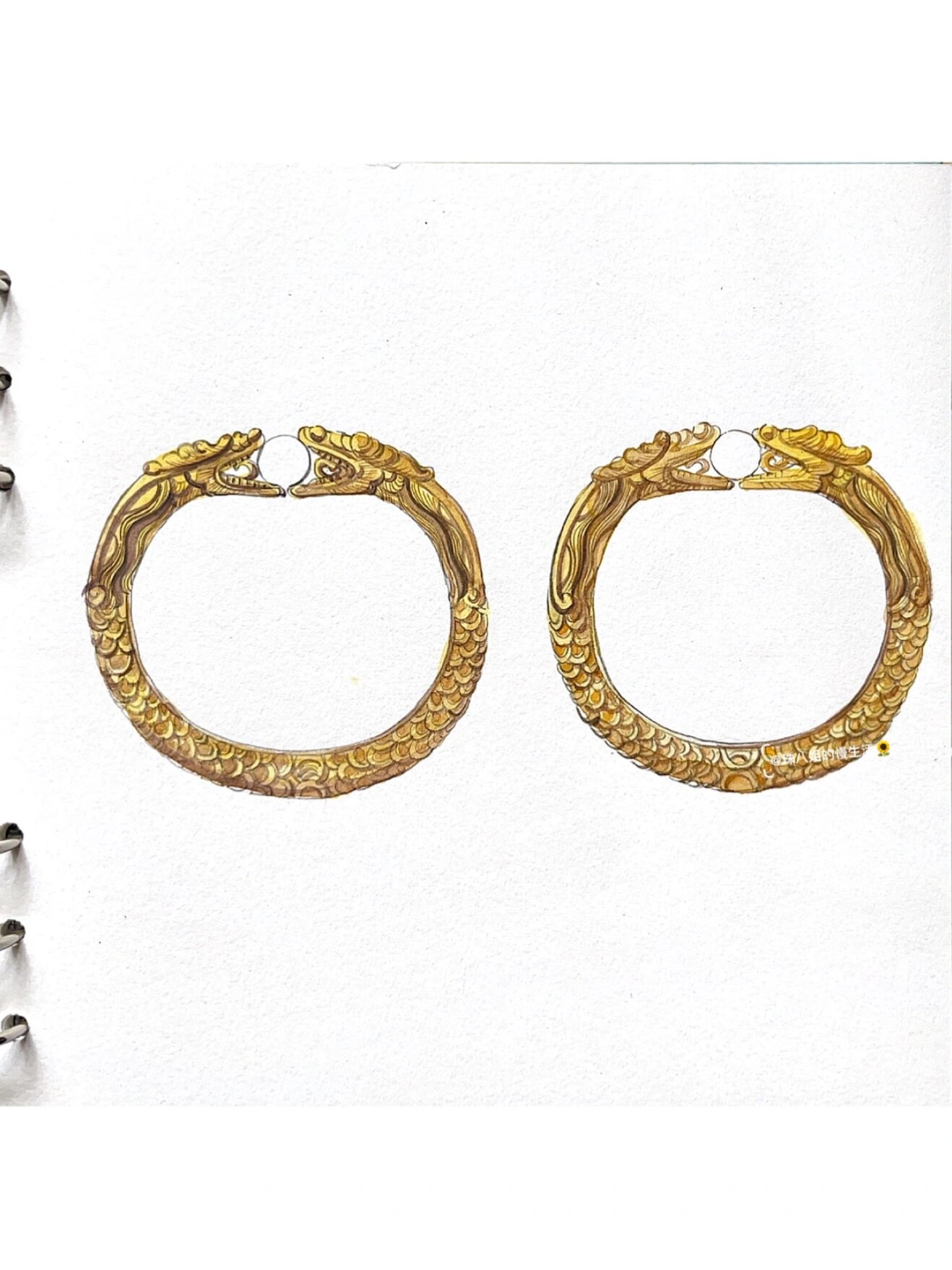 水彩手绘|双龙戏珠金手镯步骤图@蟹小淼a的动态