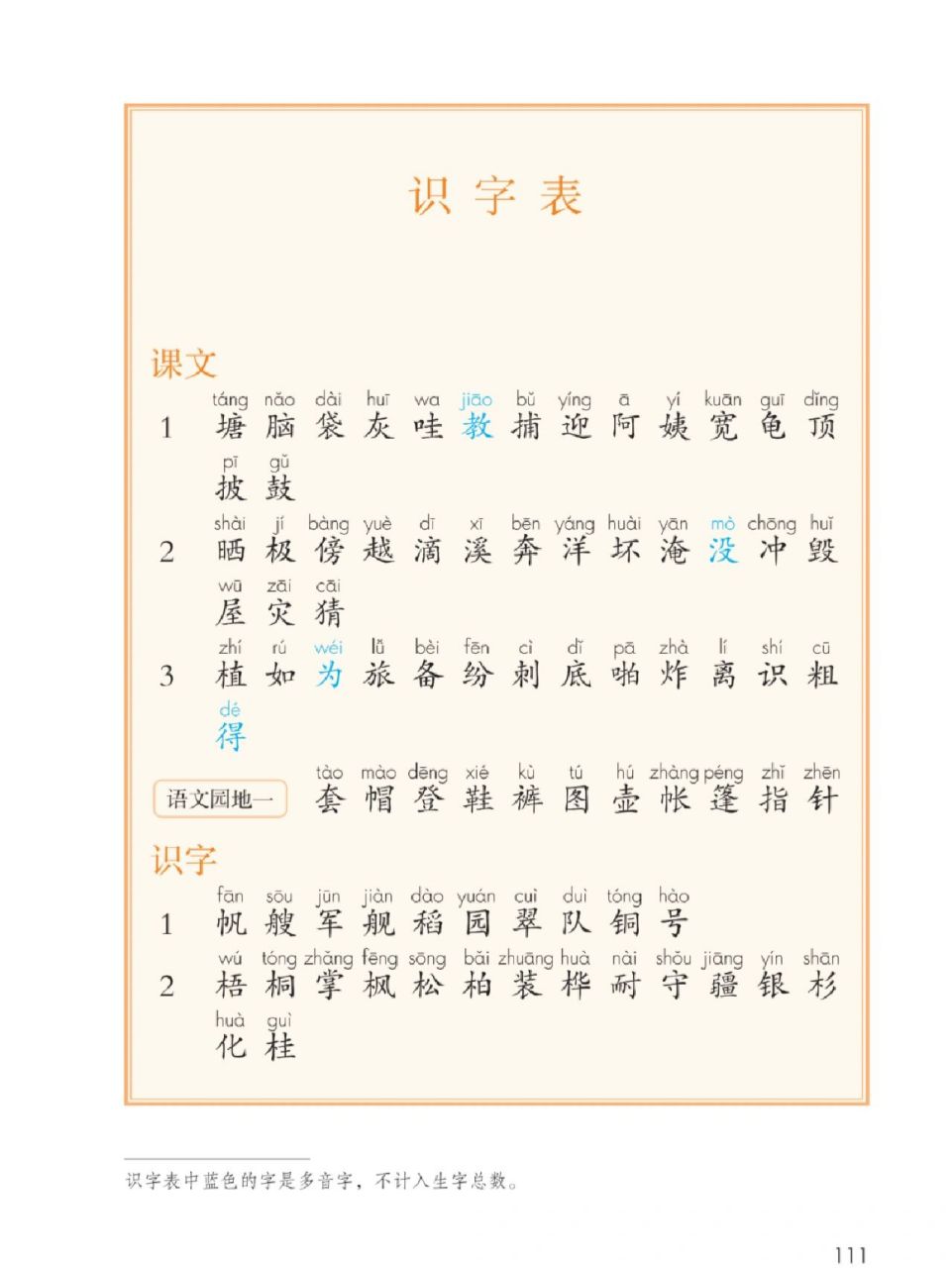 语文二年级上册生字及识字表