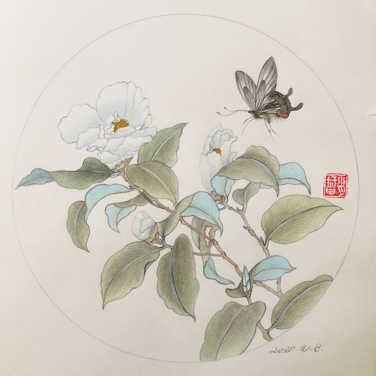 编号320(临宋画《山茶蝴蝶图》于北京东亚奥北; a3素描纸; 擦纸笔