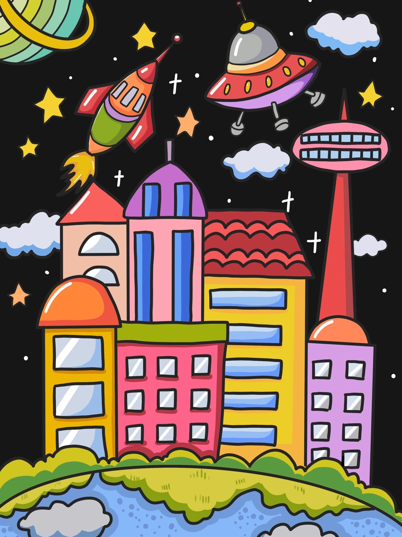 科幻城市创意儿童画步骤