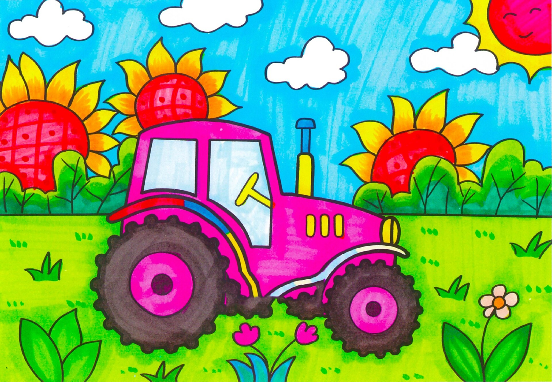 《春耕秋收-农用车》创意儿童画 附大图