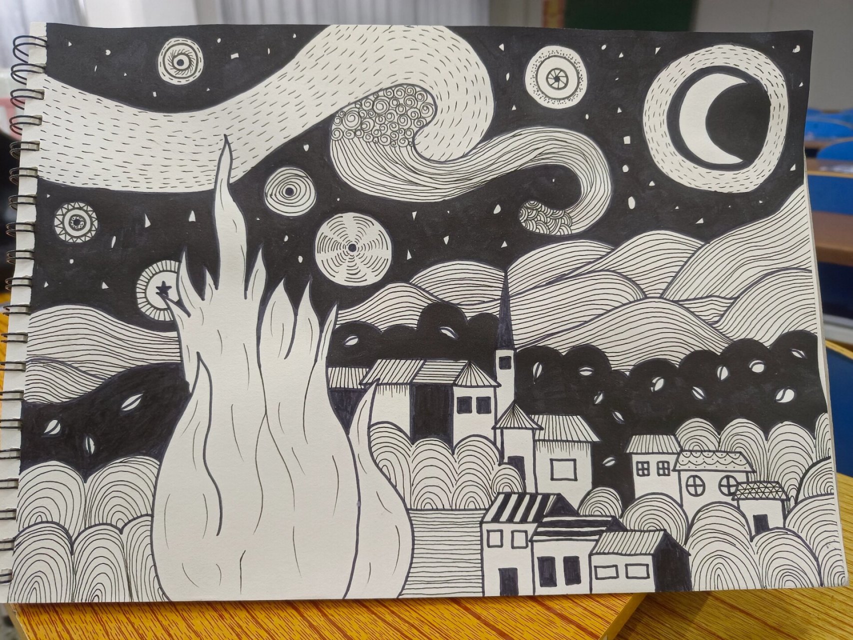 梵高《星月夜》黑白装饰画,点线面