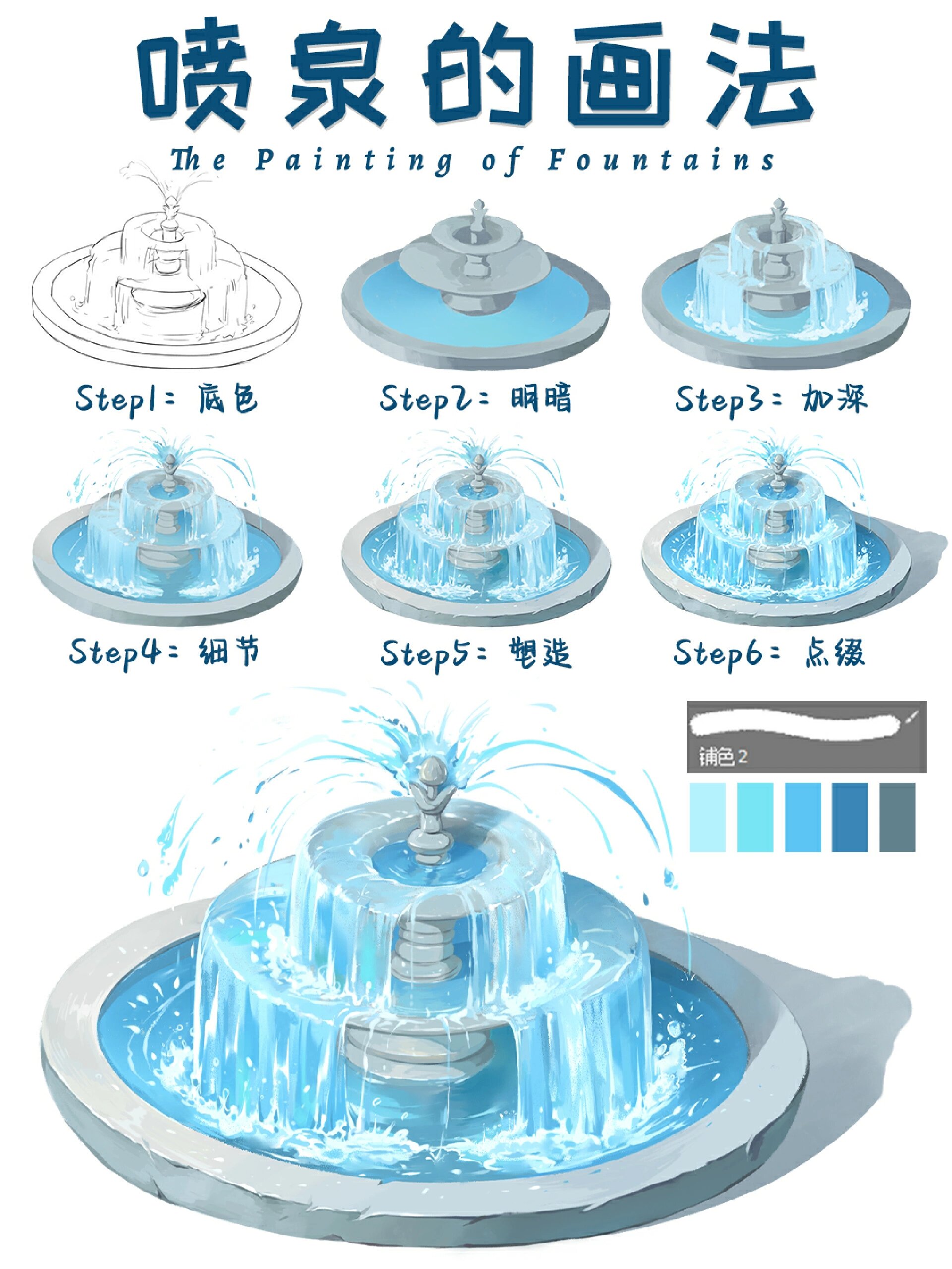 园林喷泉手绘效果图图片