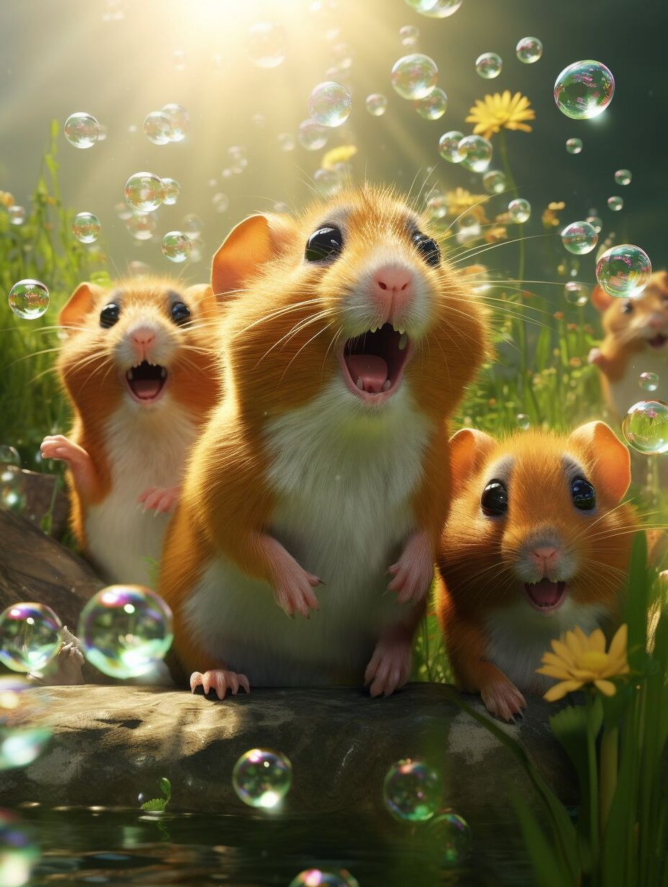 of hamsters,jumping up and play with bubbles,big watery eyes