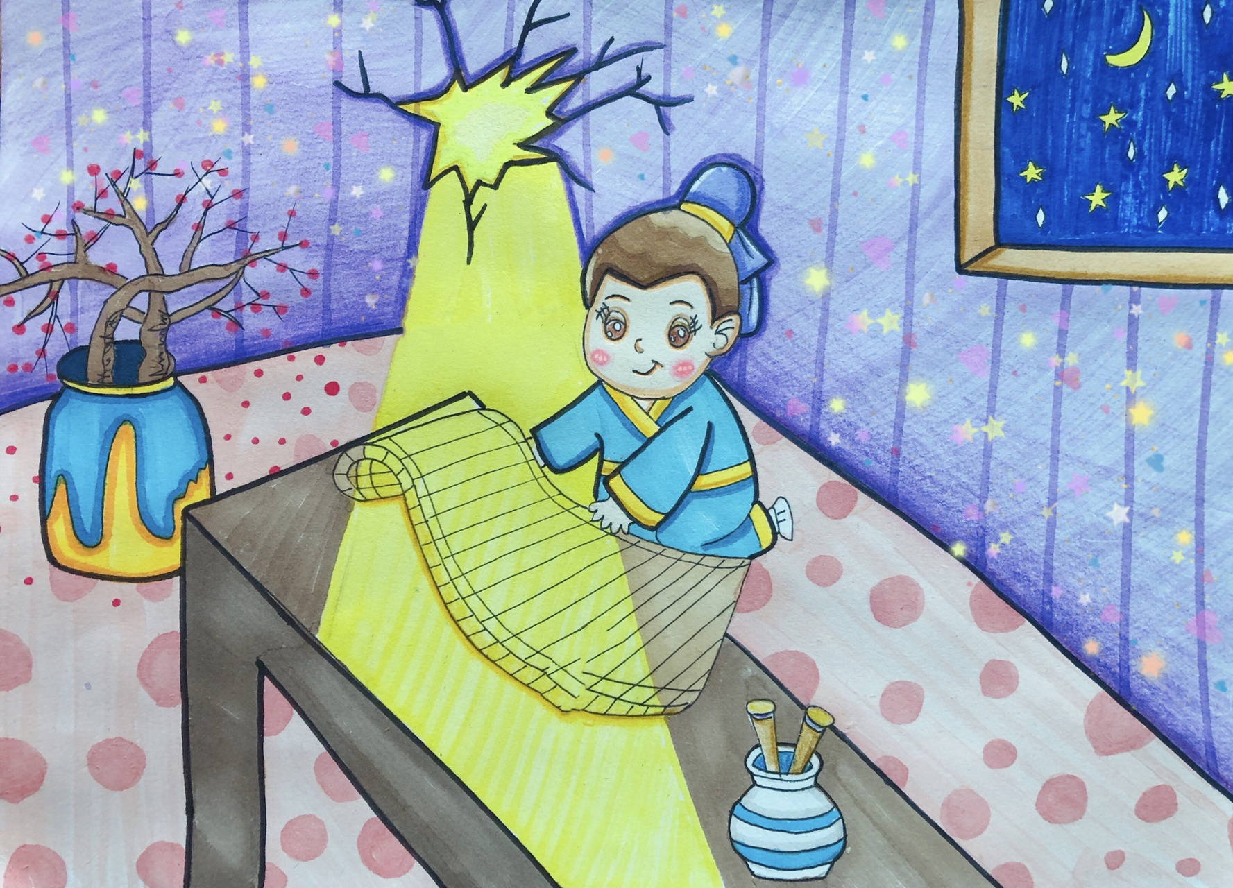 儿童画 "凿壁偷光"的故事告诉我们,借用一切可以借用的资源,是我们