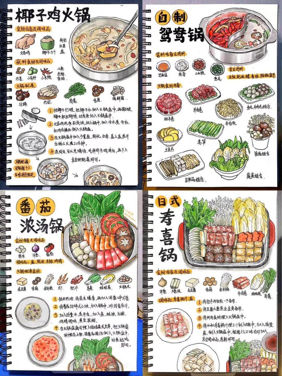手绘食谱居家火锅系列 居家鸳鸯锅 日式寿喜锅 番茄浓汤锅 椰子鸡火锅