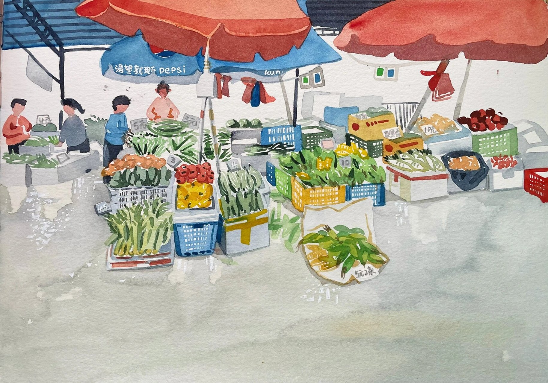城市写生|最近画的菜市场系列,你今天买菜了吗.