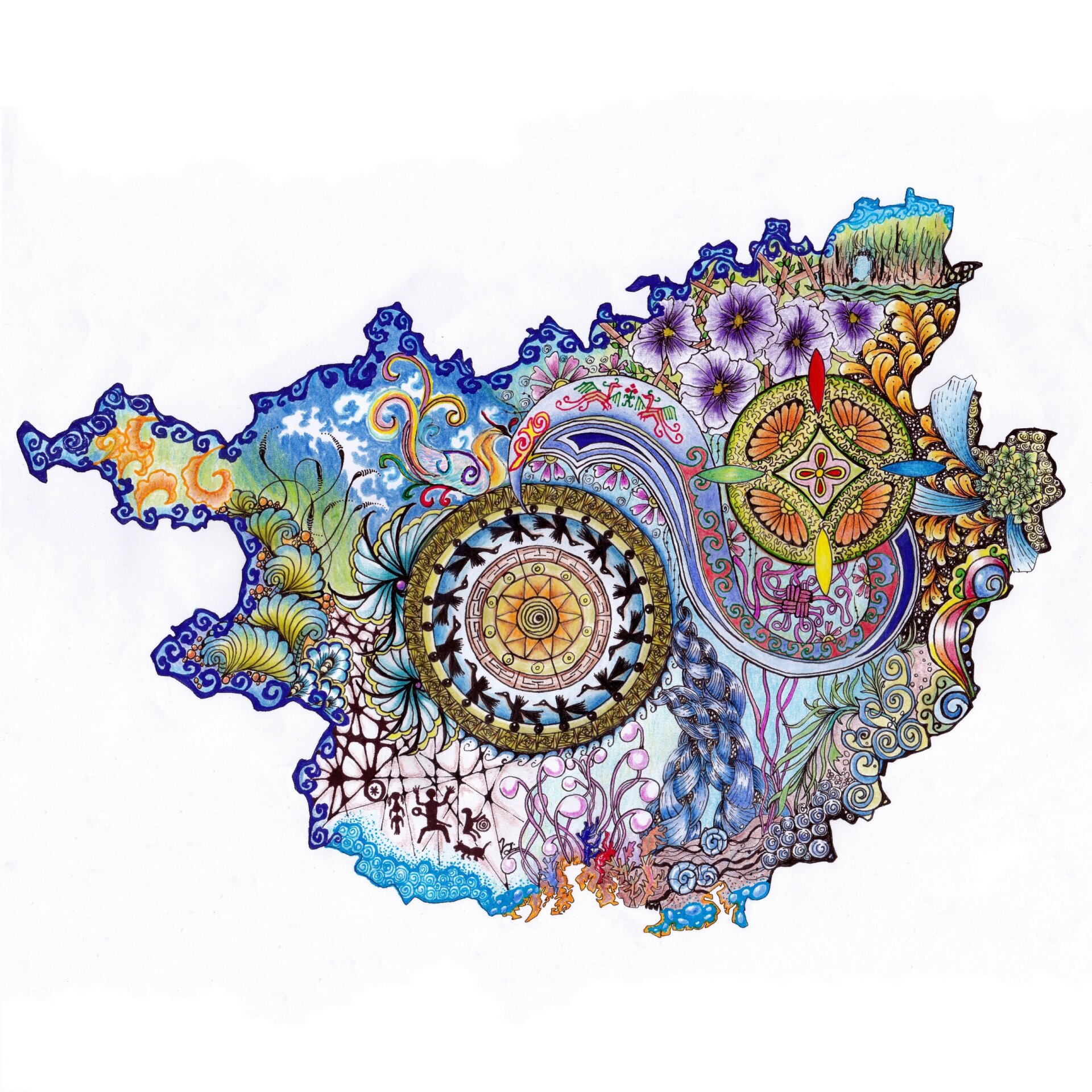 美丽广西 广西地图为边框,广西特色为原素画禅绕画