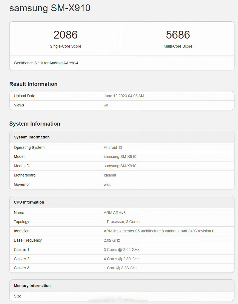 三星 galaxy tab s9 ultra的geekbench 跑分,设备型号为 sm-x910,单核