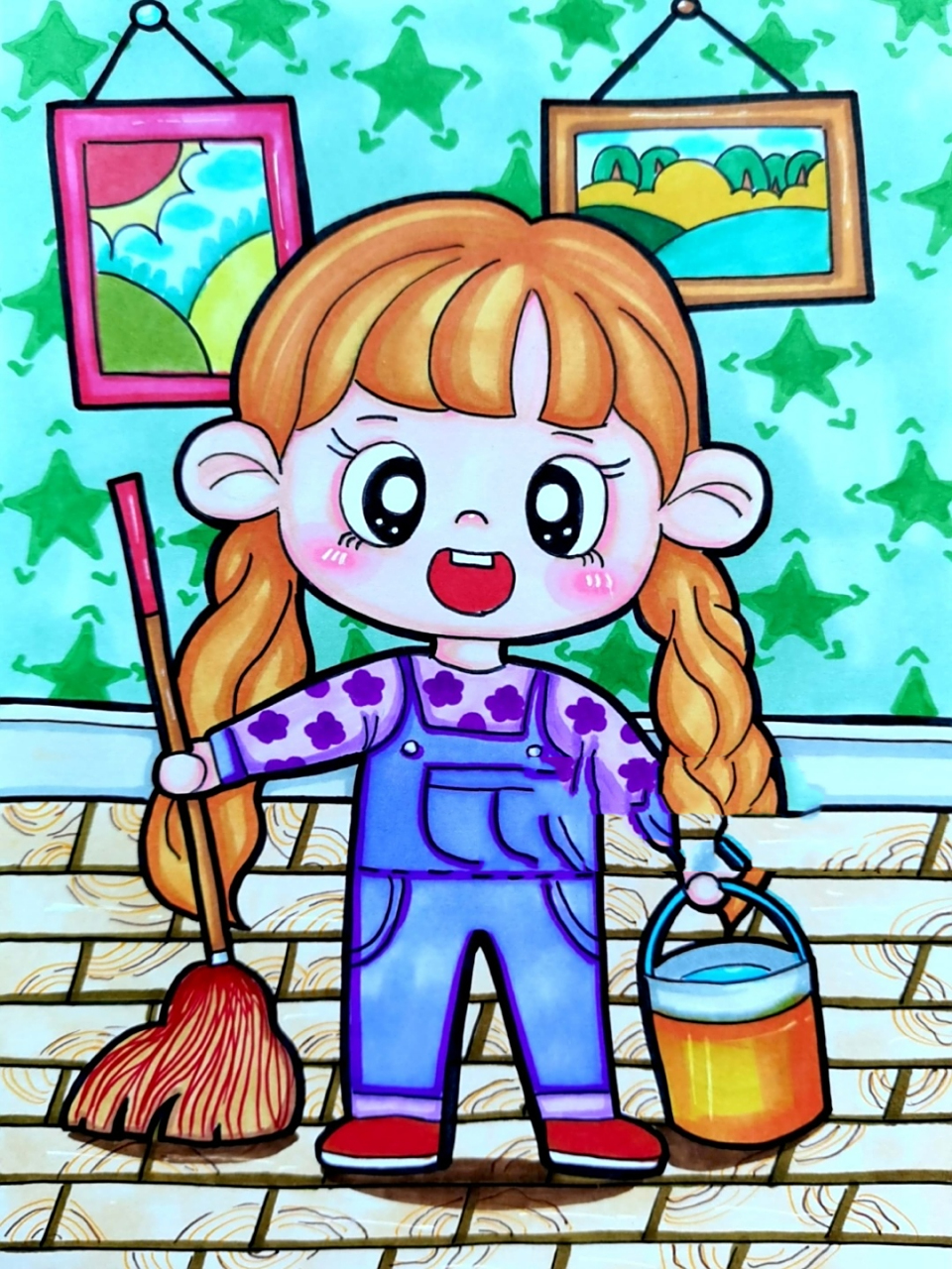 儿童画|《五一劳动节》|附线稿图|附过程图 93多乐绘马克笔绘画完成