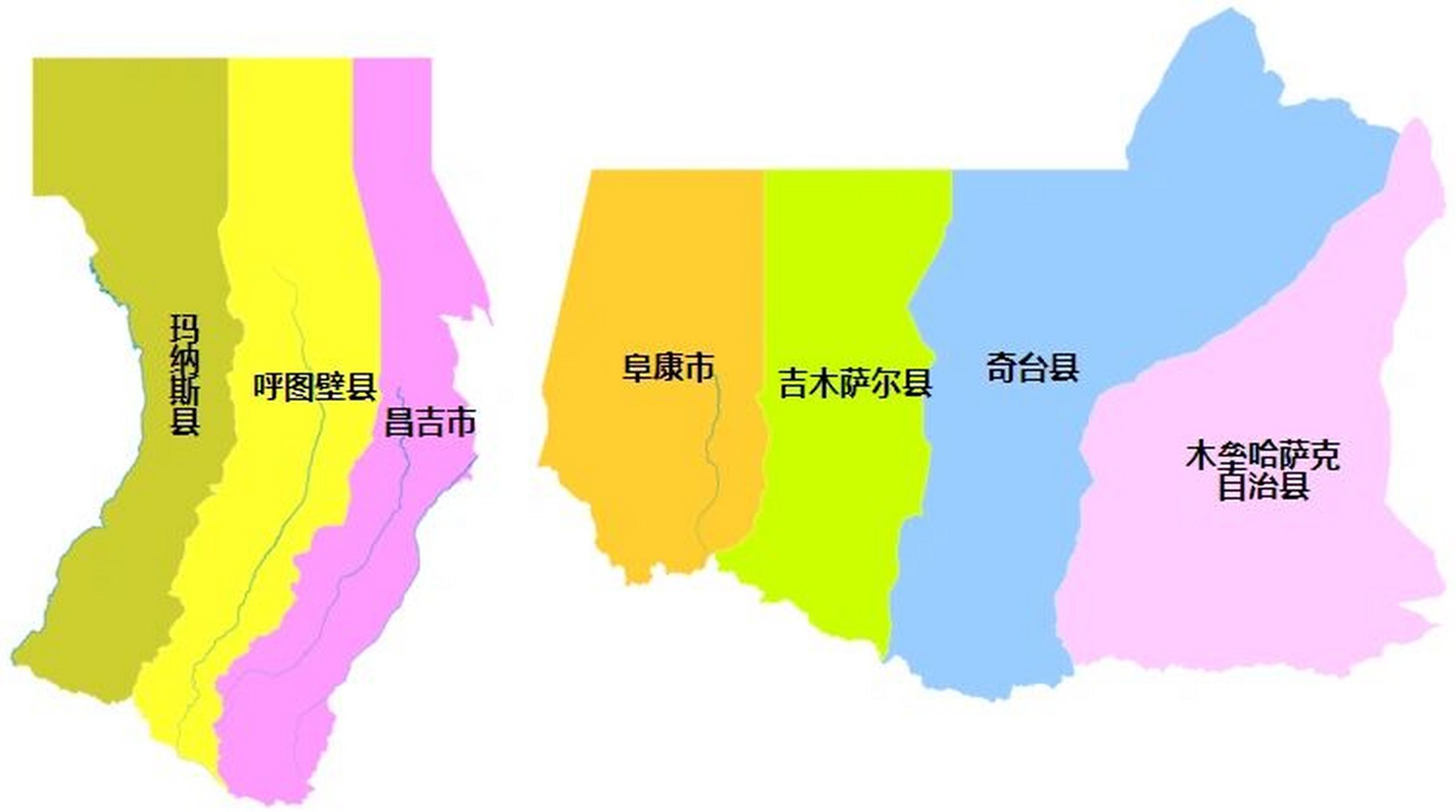 昌吉全州划分为 2个县级市:昌吉市,阜康市; 5个县:玛纳斯县,呼图壁