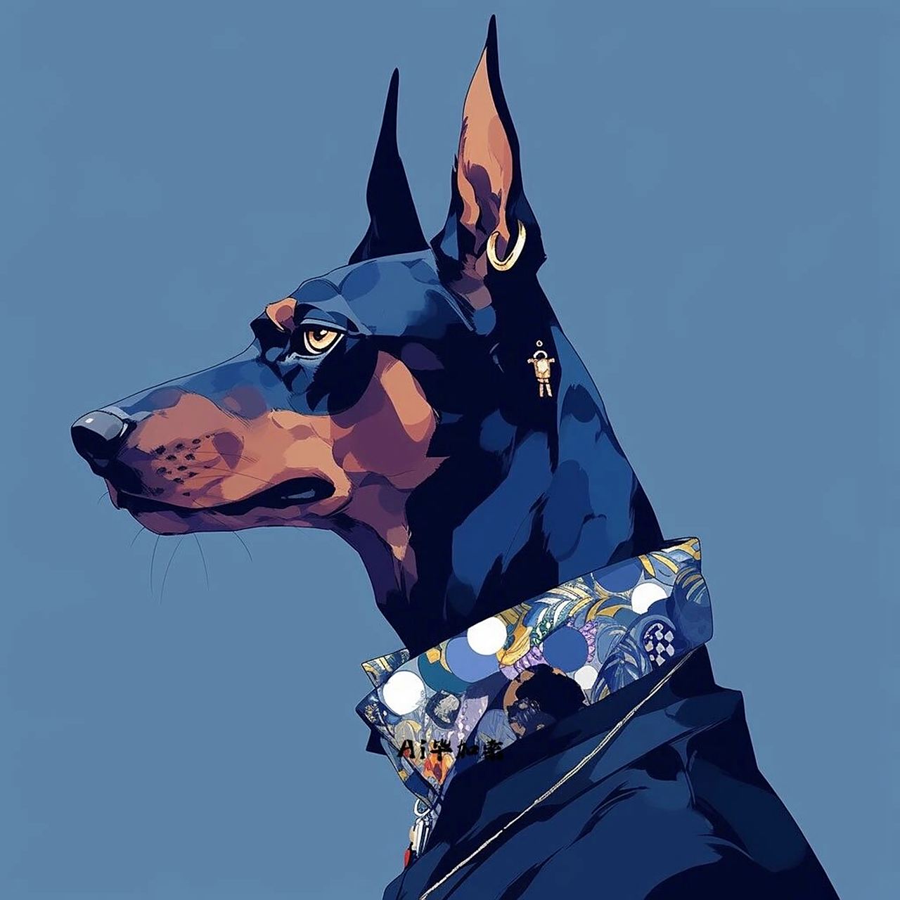 蓝色风暴97戴眼镜的杜宾犬头像插画 杜宾真的好飒哇,不愧是警犬.