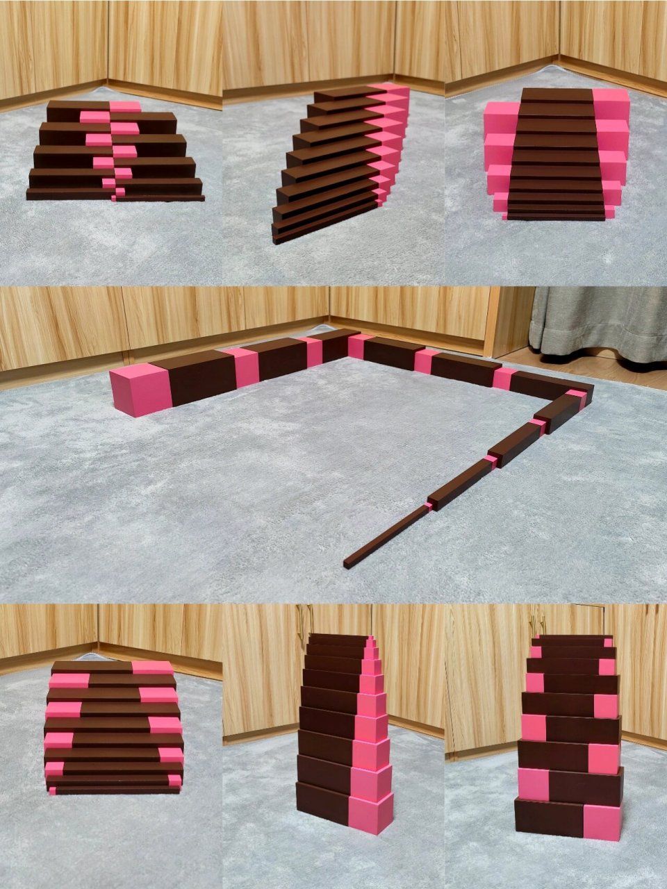 粉红塔棕色梯搭建蒙氏感官工作创意练习建构 居家蒙氏,爸爸妈妈在家里