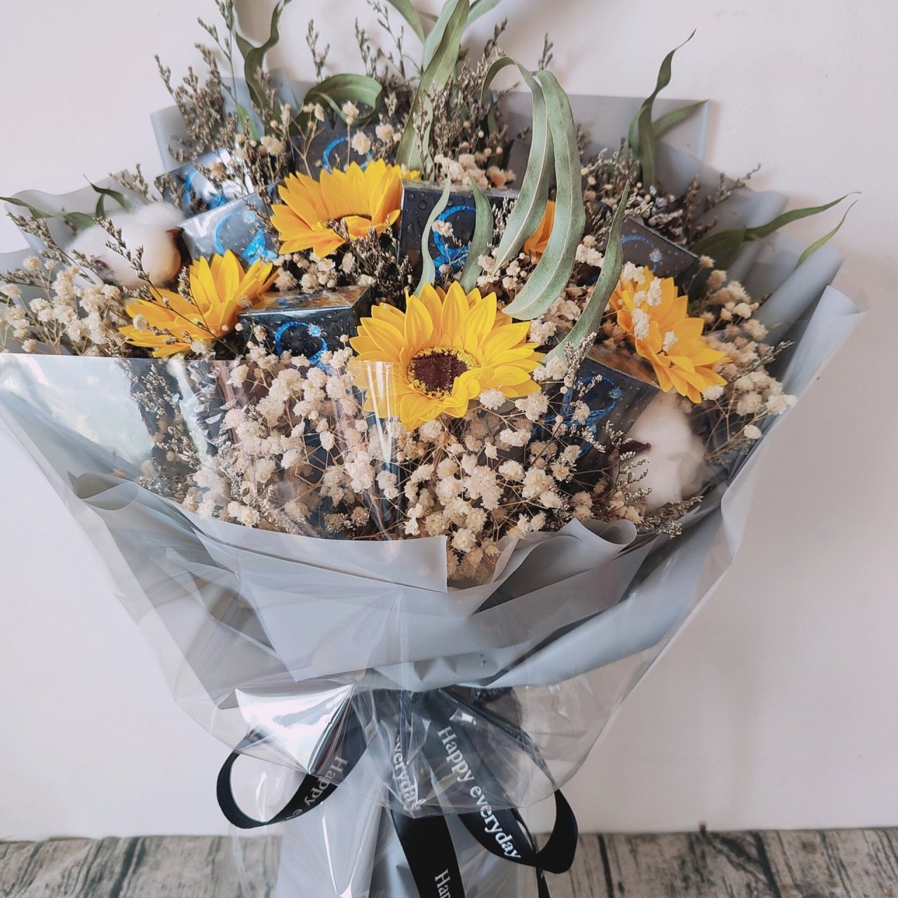 向日葵,满天星,米叶, 棉花,松果,情人草91 2.