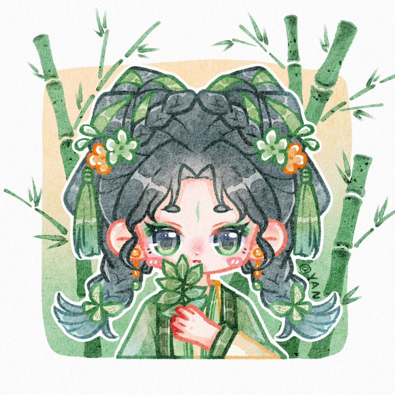 q版头像 | 可爱国风女孩 "绿色的药草91不知道是什么功效～" 是手拿