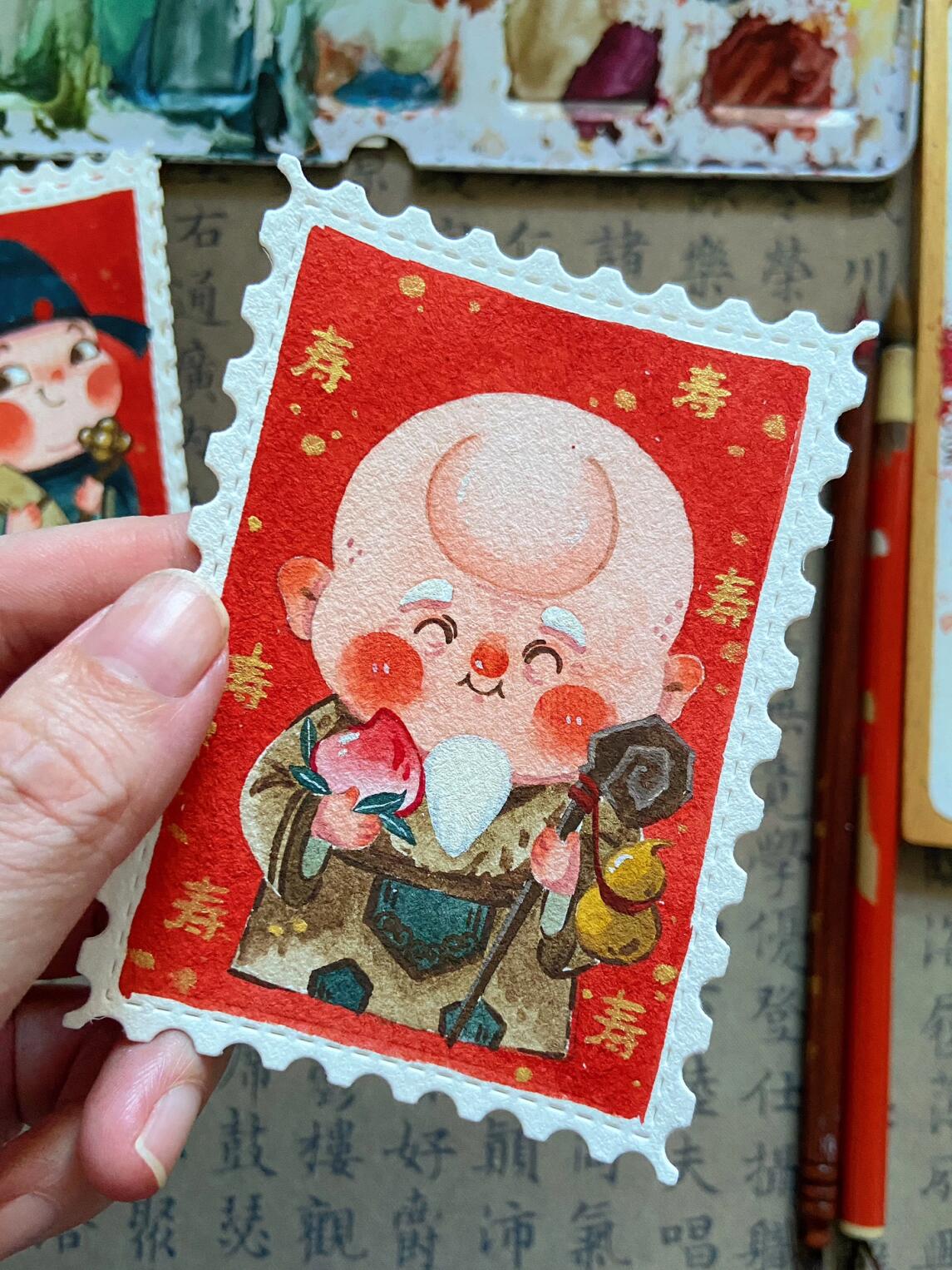 水彩画# #绘画# #水彩# #寿星# #新年插画# #儿童插画# #水彩画教程