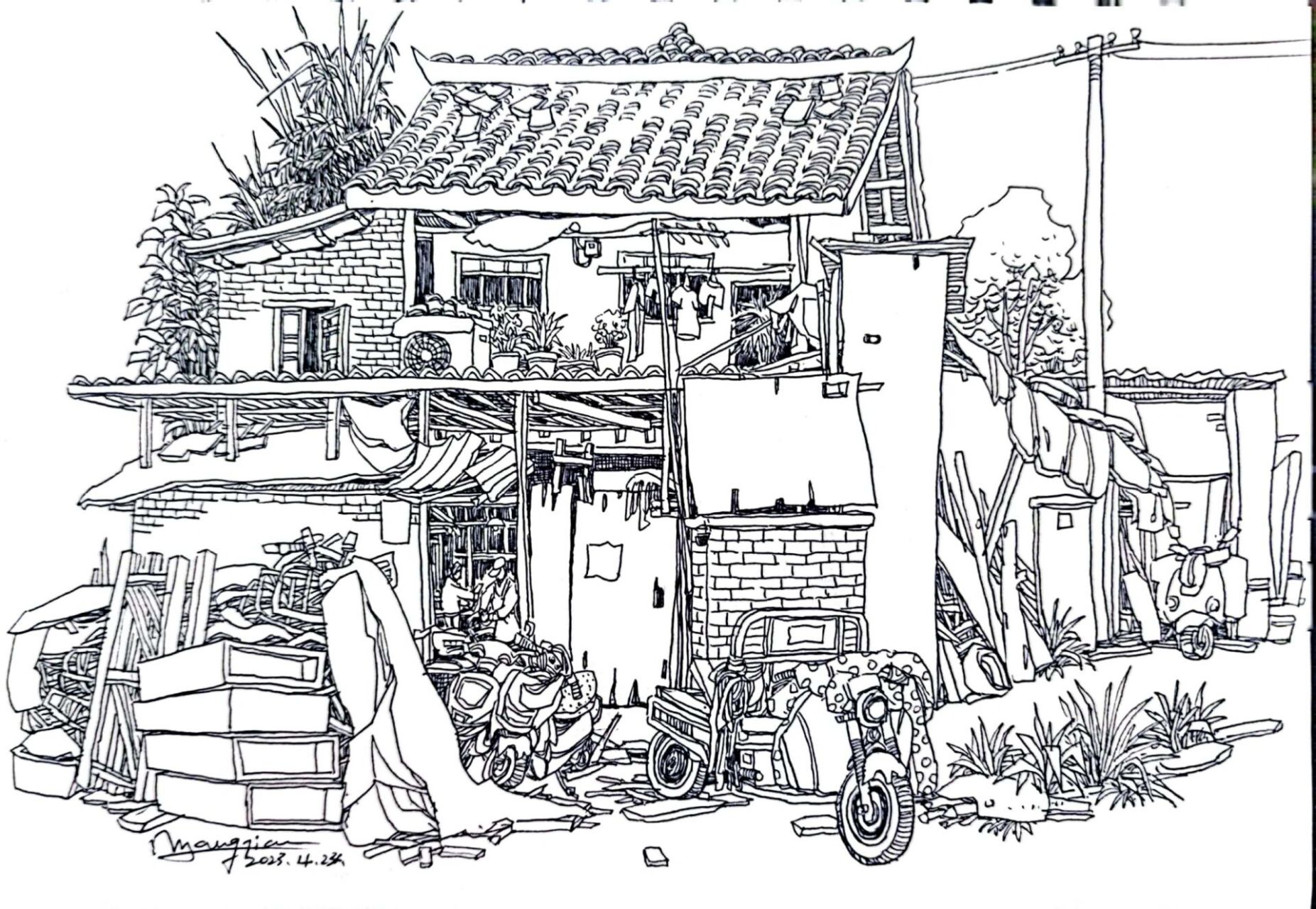 线描写生100幅之086 房子写生