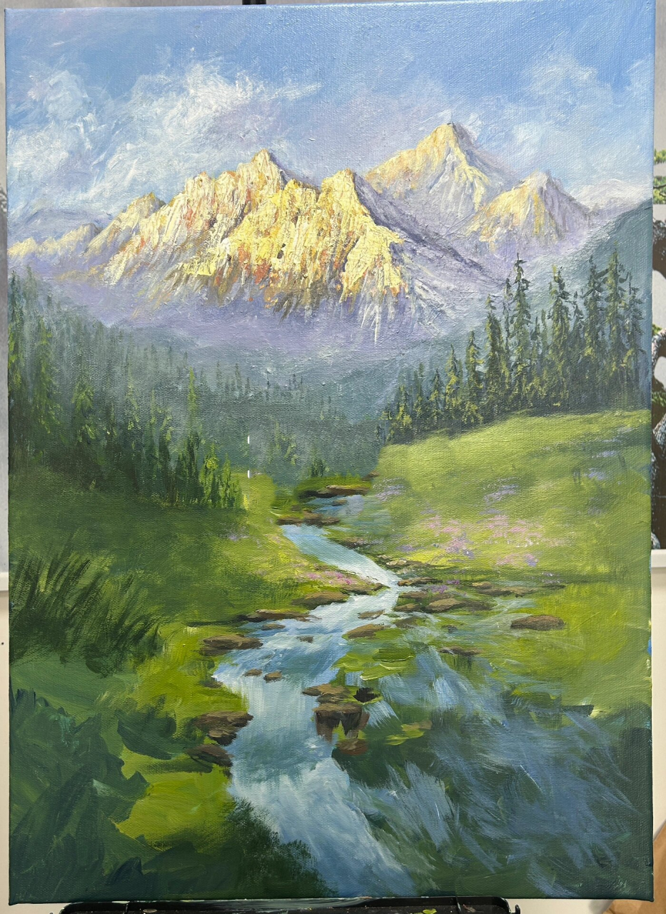 烈日版日照金山你可喜欢?/附过程图 厚堆肌理画 布面丙烯 尺寸:50x70