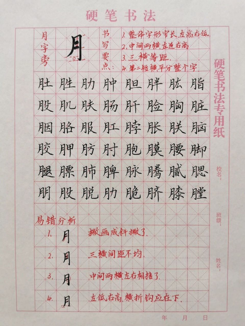 月字旁的写法 1.形窄长,撇为竖撇,竖挺直 2.三横间距相等 3.