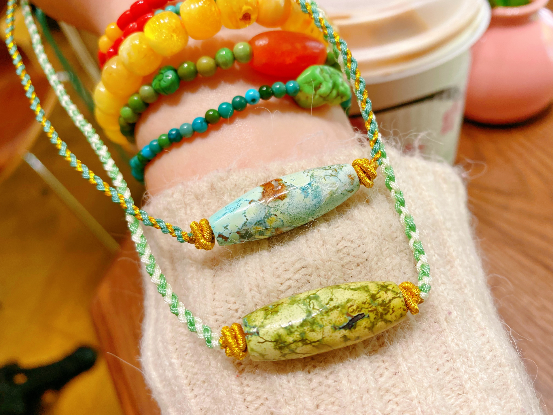 原矿绿松石天珠项链吊坠 孤品,一眼千年的天然绿松石天珠,花纹独特,编