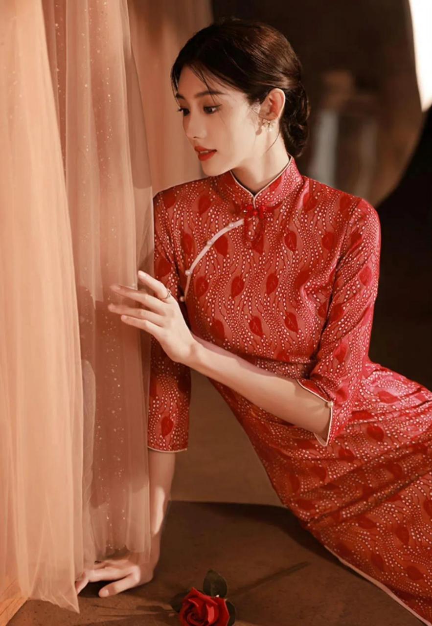 aiximin | 敬酒服新娘旗袍,长袖订婚连衣裙,中式礼服秋季复古气质高端