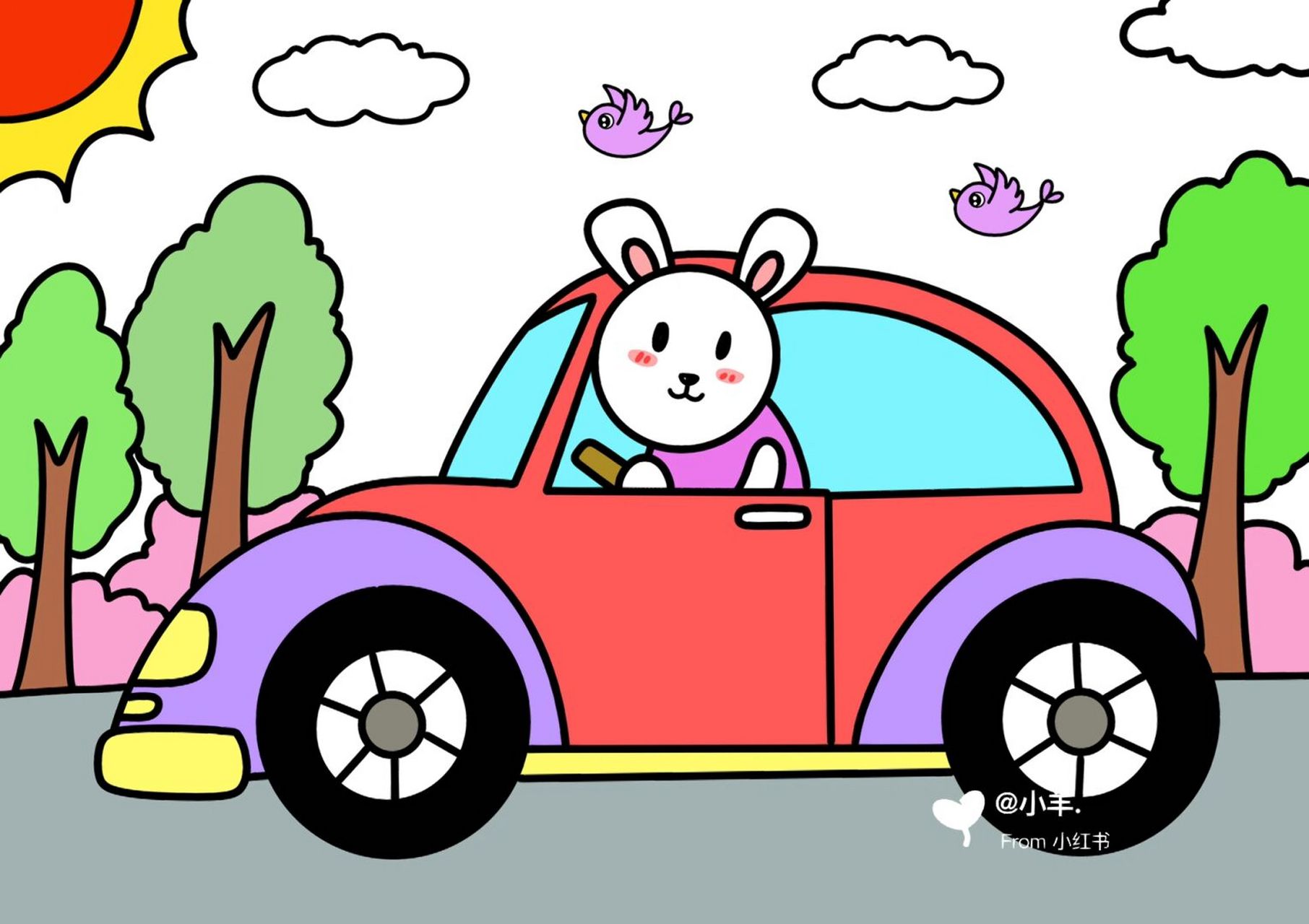 开车的小兔子儿童创意画 小汽车07儿童画 #创意美术儿童画# #儿童