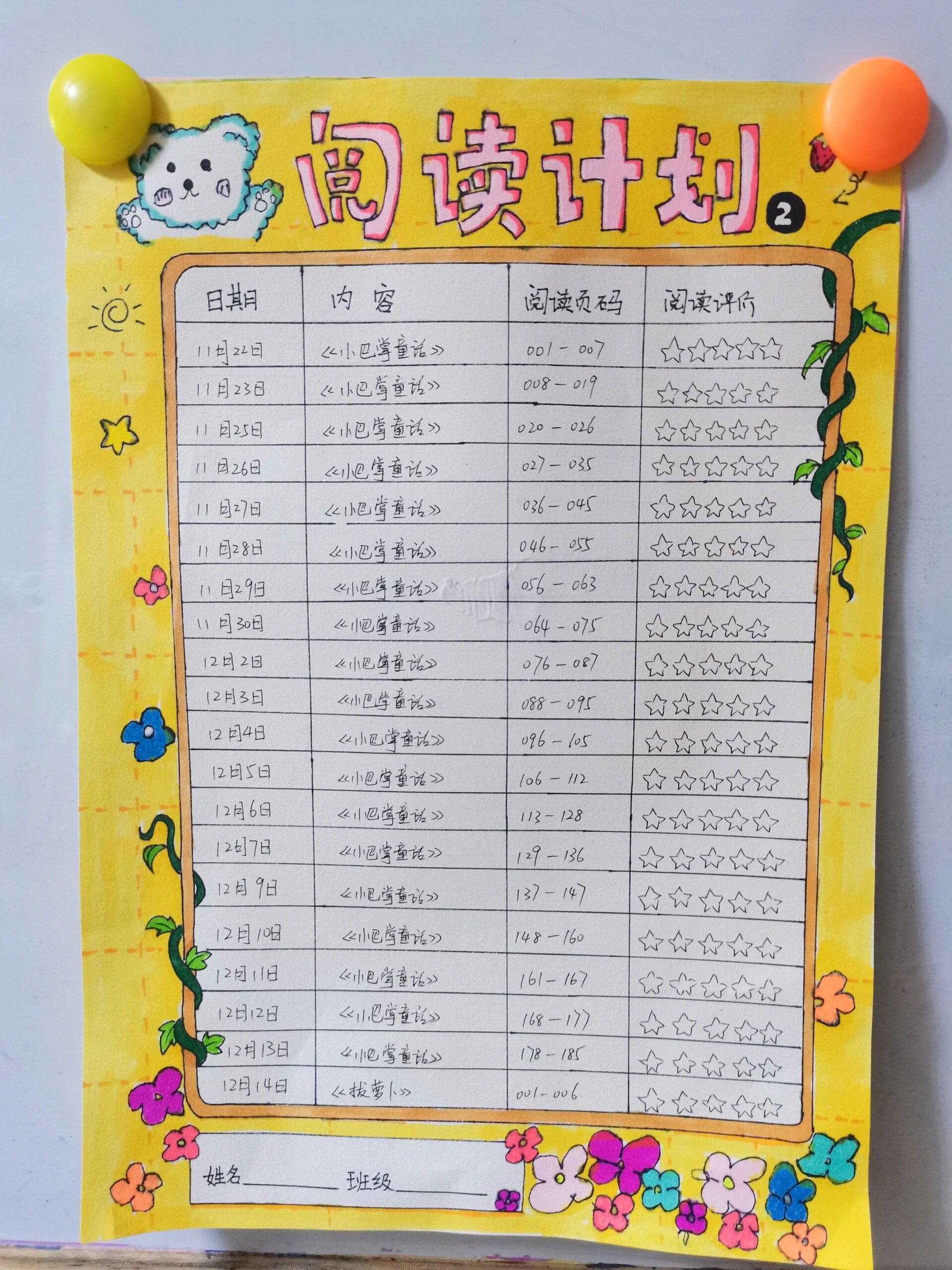 小学生阅读计划表手绘手抄报94可临摹