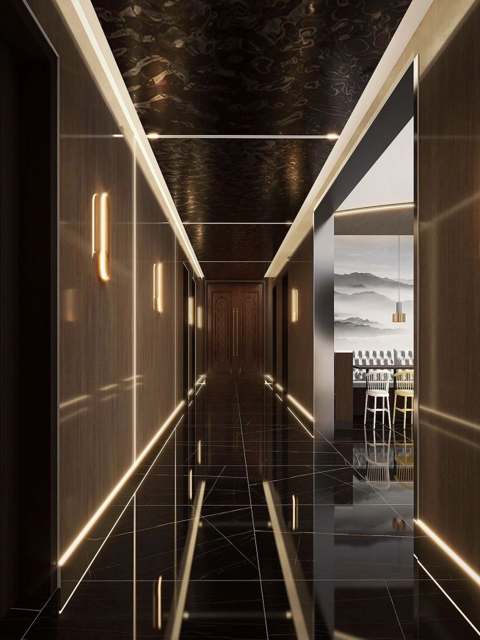 足浴会所装修设计案例,按摩馆装修设计 过道走廊顶上的不锈钢波纹板