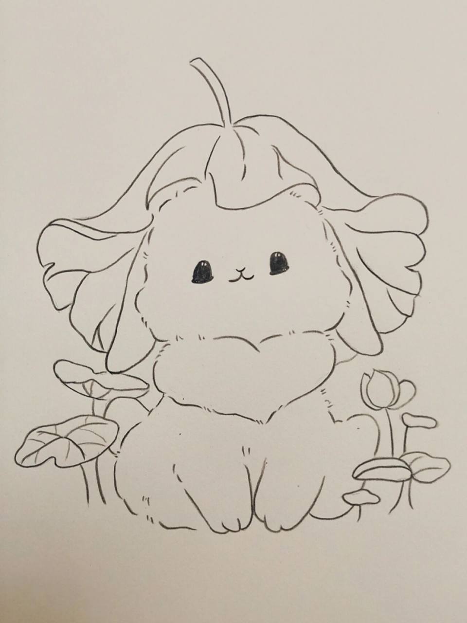 每日一画——荷叶下的小兔子 有步骤,最后有上色的图片,彩铅画,可爱
