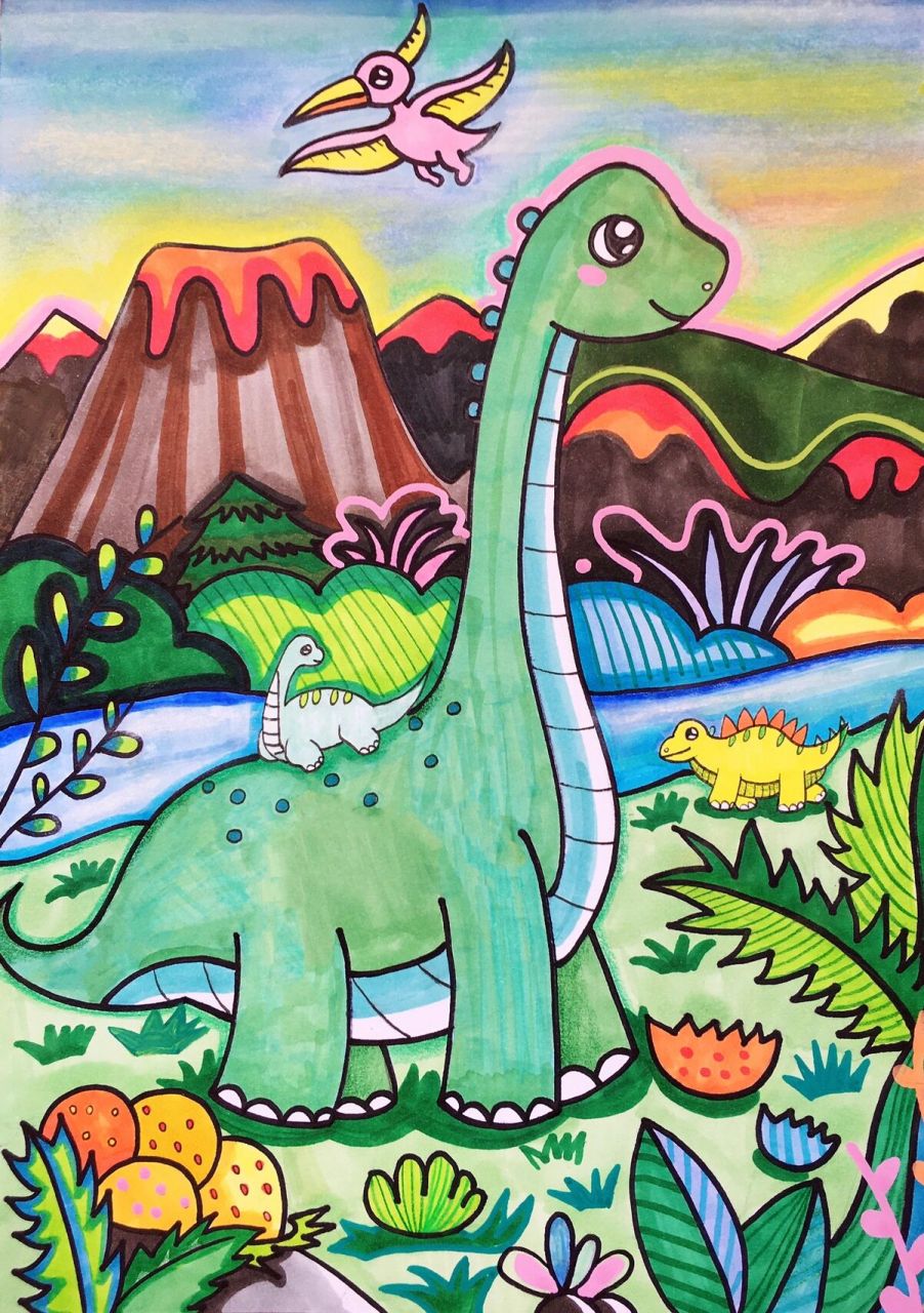 97创意美术|恐龙世界|附线稿 甜甜甜工作室示范 78搬运请注明并