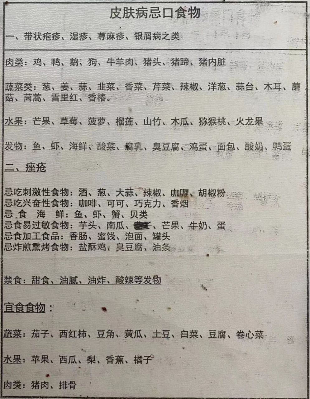 湿疹,这两天我们聊天说到要忌口,她给我发来了一张纸,上面全都是食物