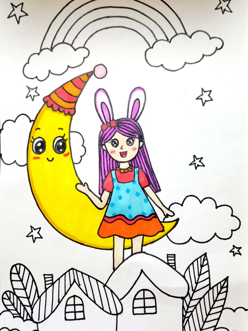 月亮船 月亮儿童画 创意画 马克笔 附线稿 6-7岁小朋友的课效