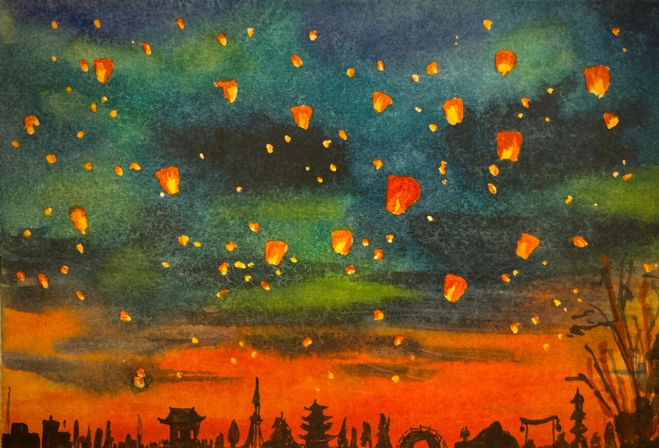 孔明灯 国风水彩小画