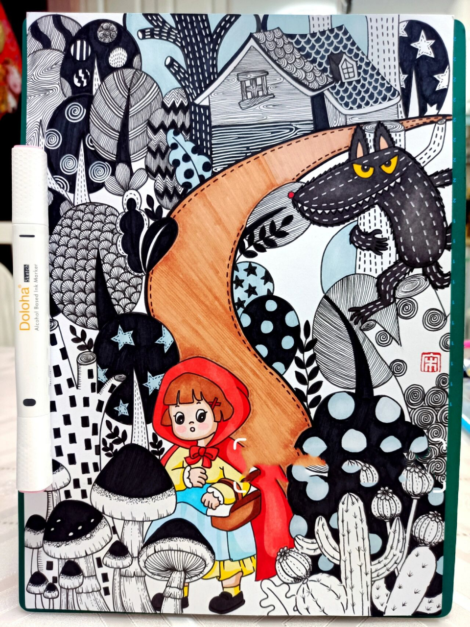 创意线描画《小红帽与大灰狼》《小红帽》 马克笔画线描画-209小红帽