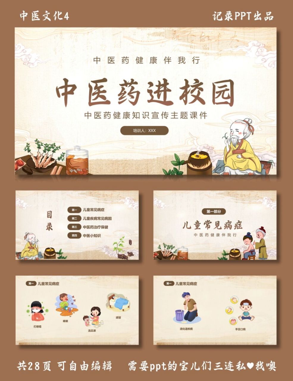 中医药进校园 中医文化4 ppt模板 中医药健康知识宣传主题课件 目录
