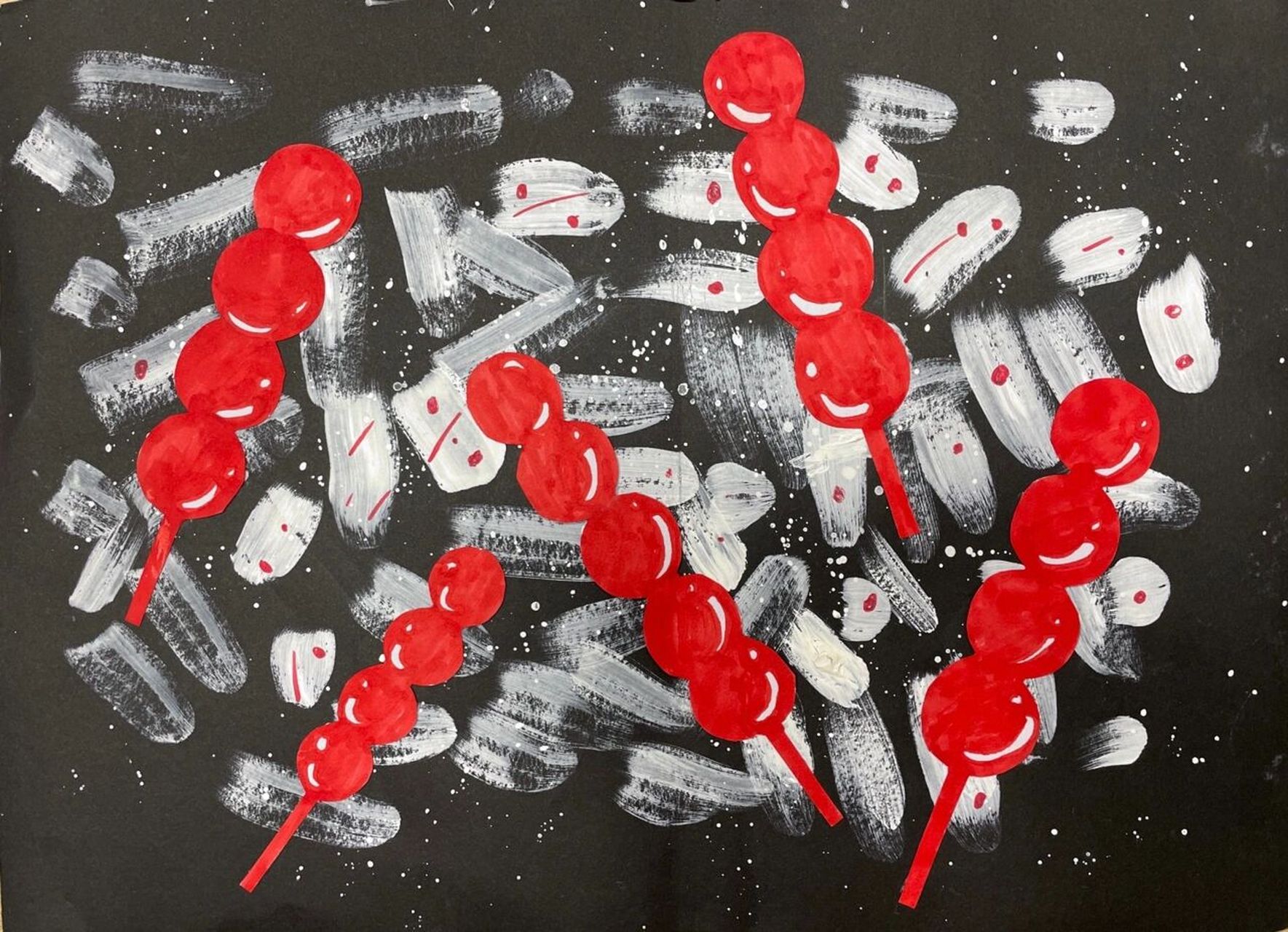 糖葫芦儿童手工绘画 糖葫芦手工儿童画 材料:黑卡纸,白色素描纸,马克