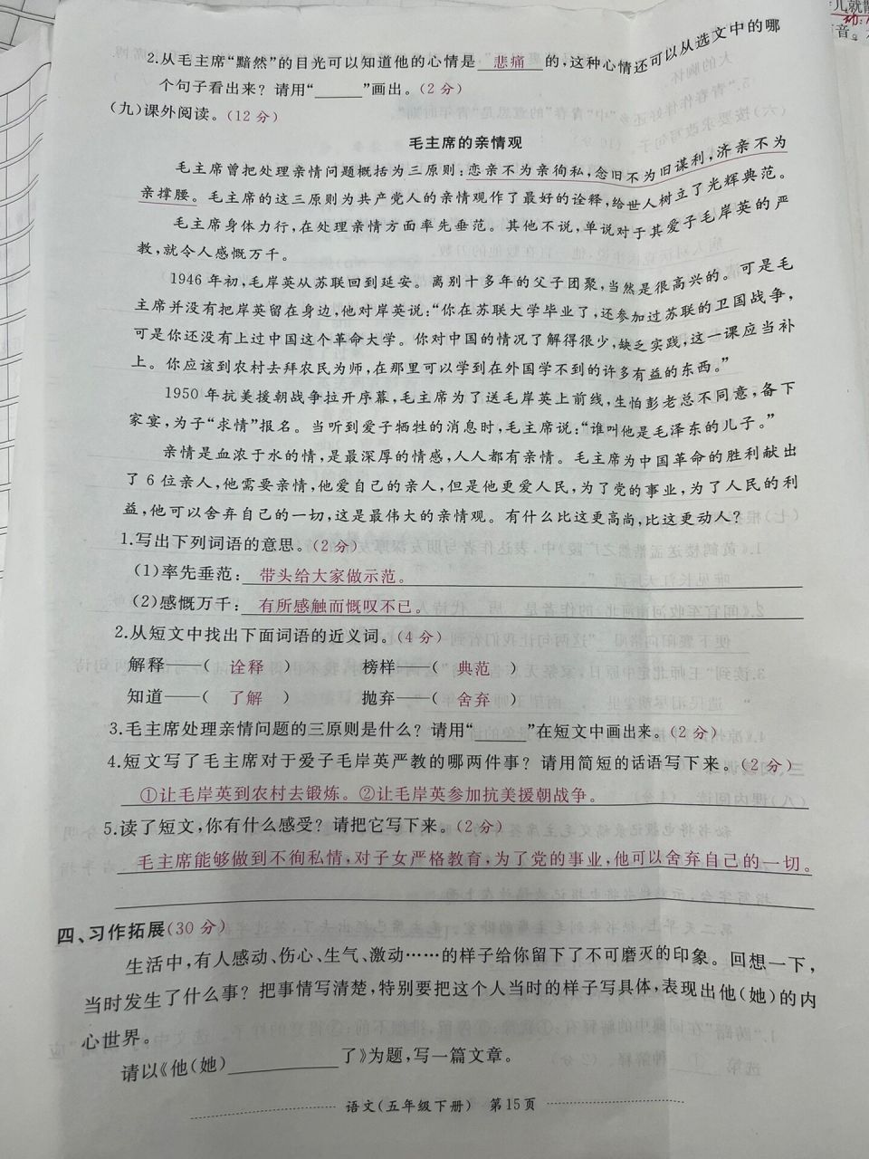 五下语文第四单元 阳光试卷  五年级下册语文阳光试卷第四单元