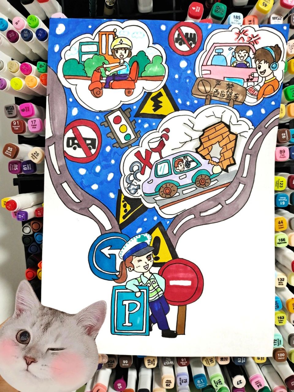 主题画——交通安全 出行注意安全,提高小朋友的交通道路安全意识.