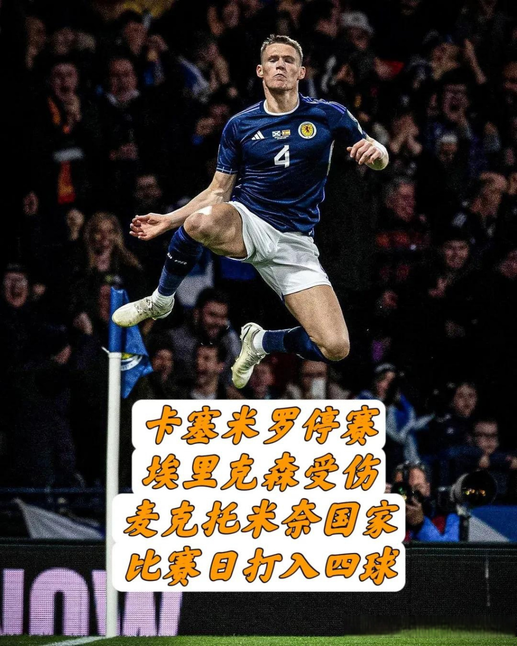 国家队比赛日,麦克托米奈代表苏格兰比赛状态爆棚,两场比赛攻进四球