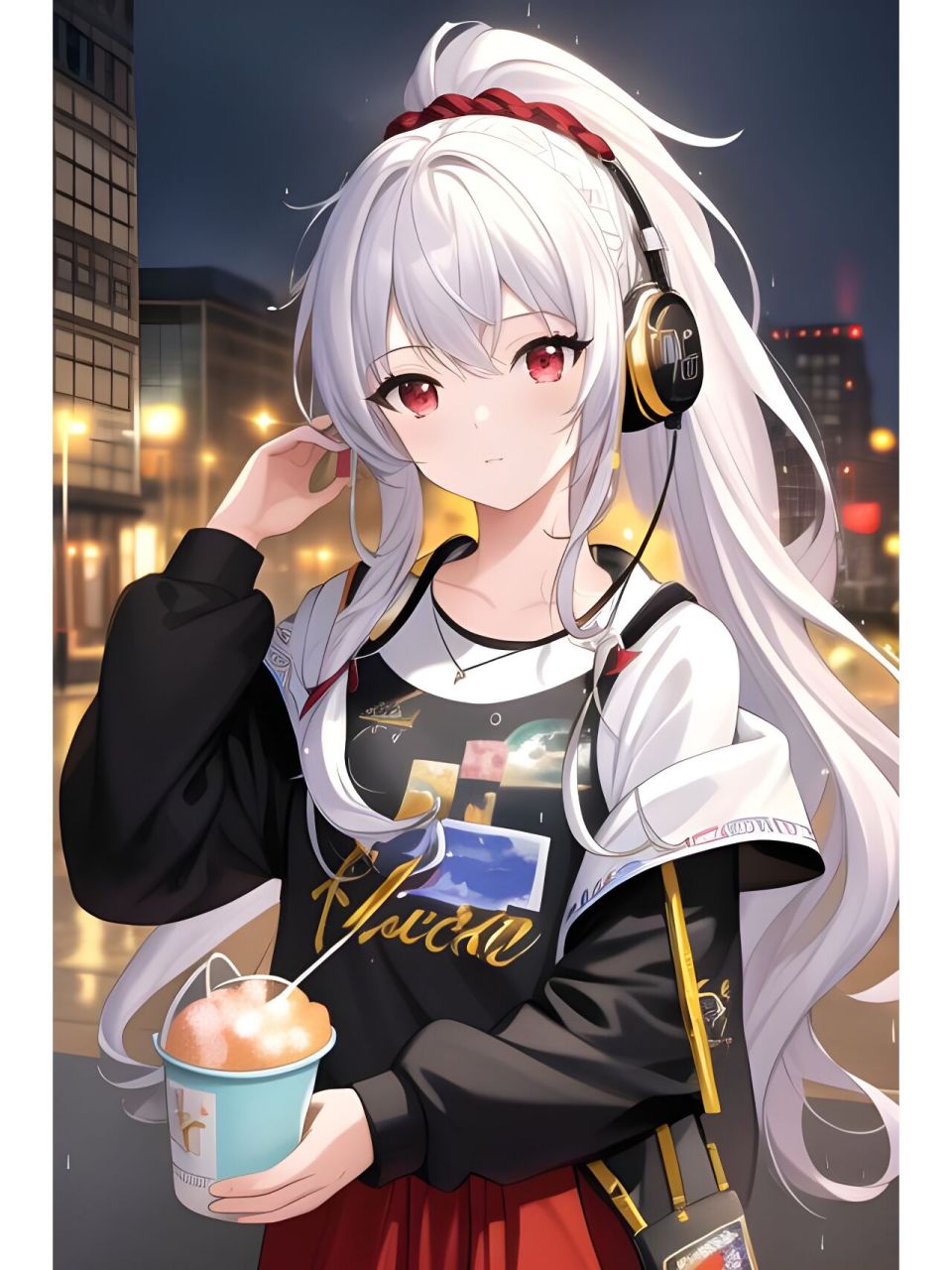 夜晚戴耳机的优雅女孩,动漫二次元绘画人物