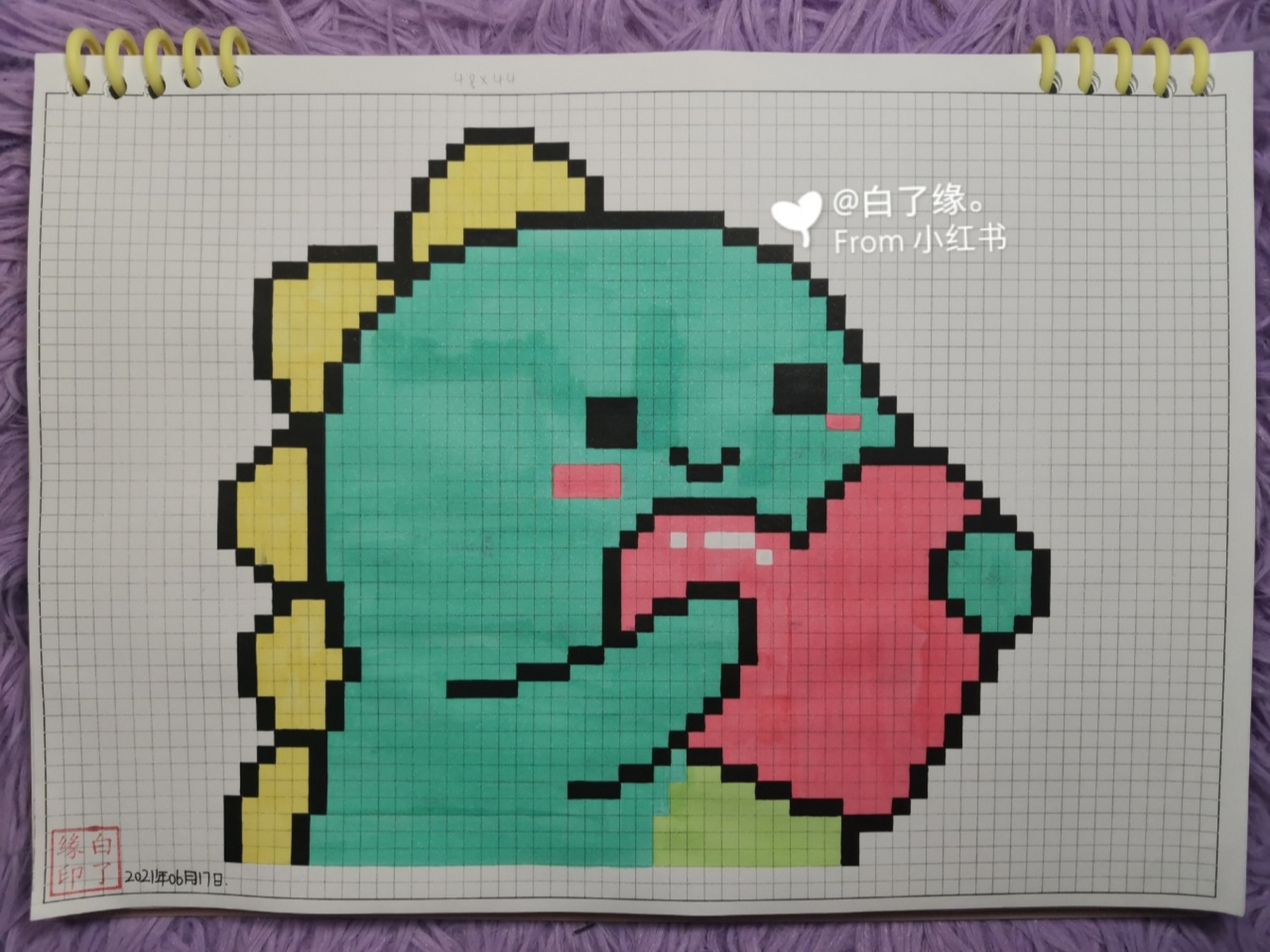 像素画 小恐龙. 临摹非原创 a4网格本 4mm格子 48×44 #像素画