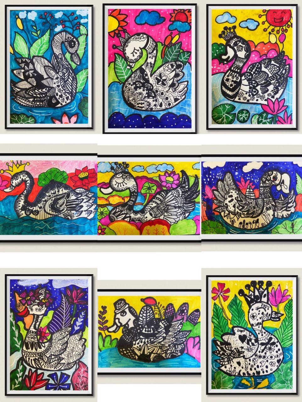 7-8岁黑白线描创意画《白天鹅06》 今日所画《白天鹅06》 目标: 1