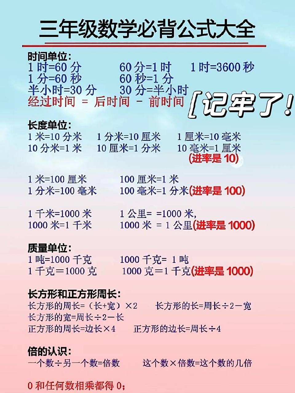 三年级必背数学公式 单位换算技巧 三年级必背数学公式 单位换算技巧