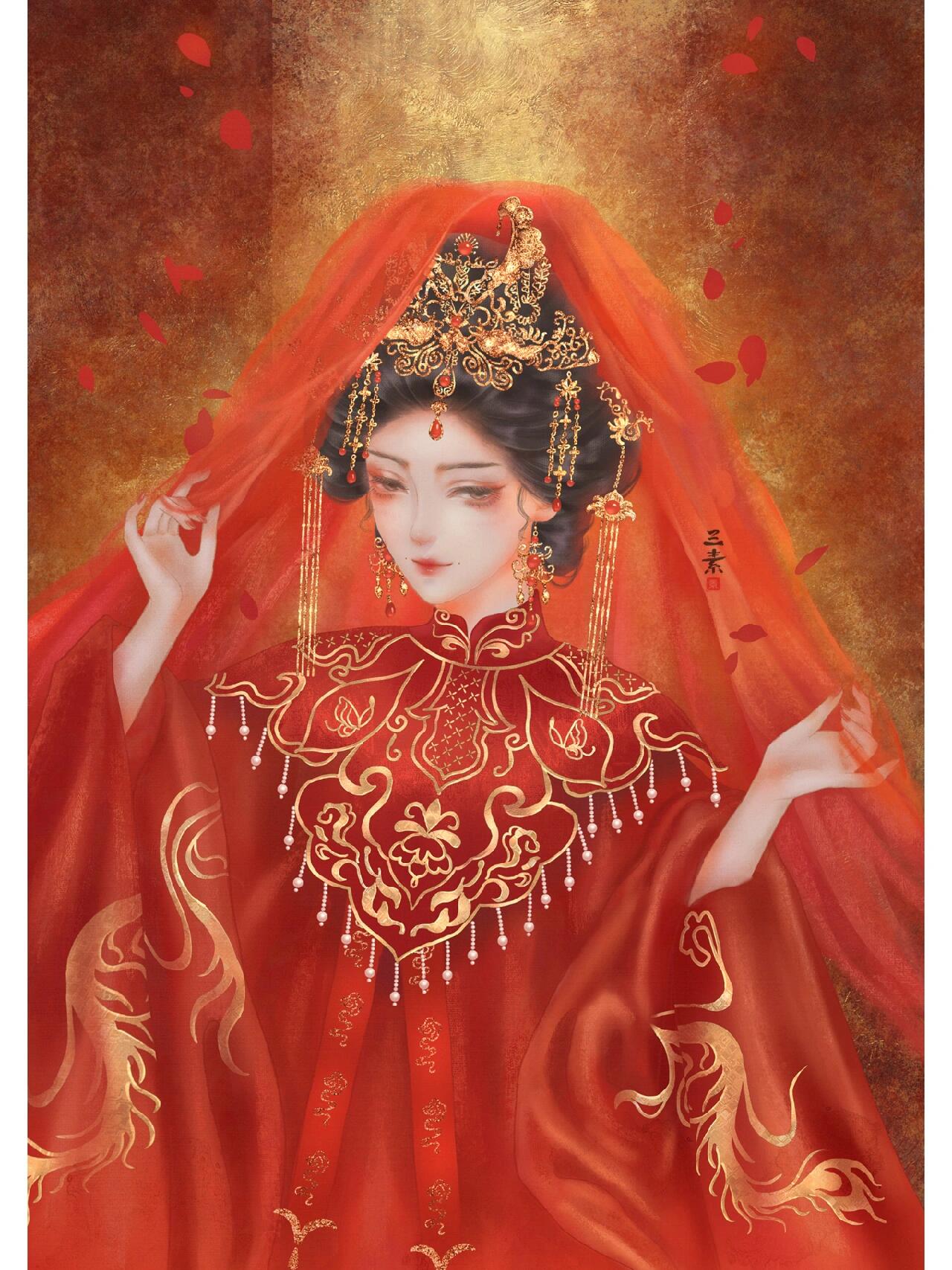 古风插画新娘 红衣一袭怜娇软, 梨靥双涡惜嫩香.