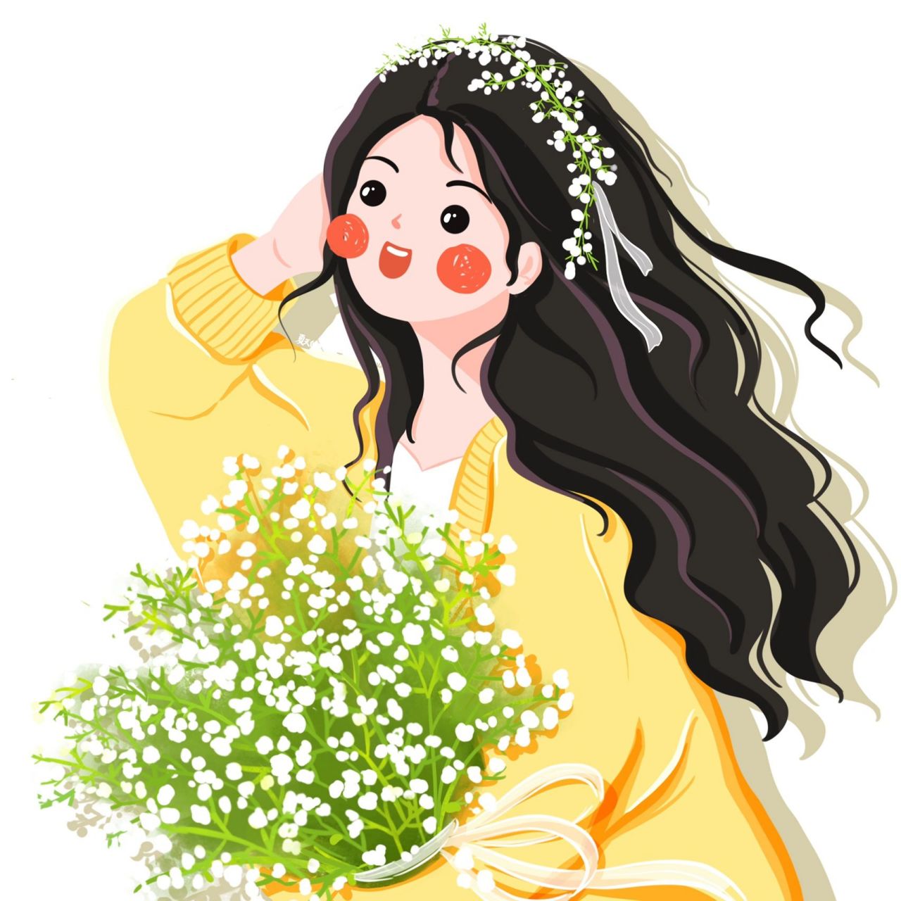 插画头像 | 手捧满天星花的可爱女生 有花花头饰版本,和无花花头饰